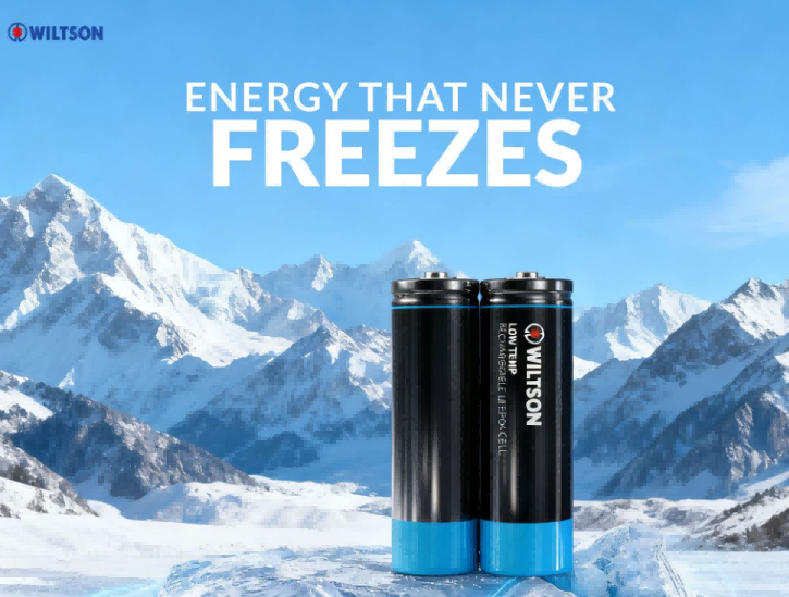 ENERGY THAT NEVER FREEZES Illustration of a robust battery functioning flawlessly in a snowy, freezing environment.