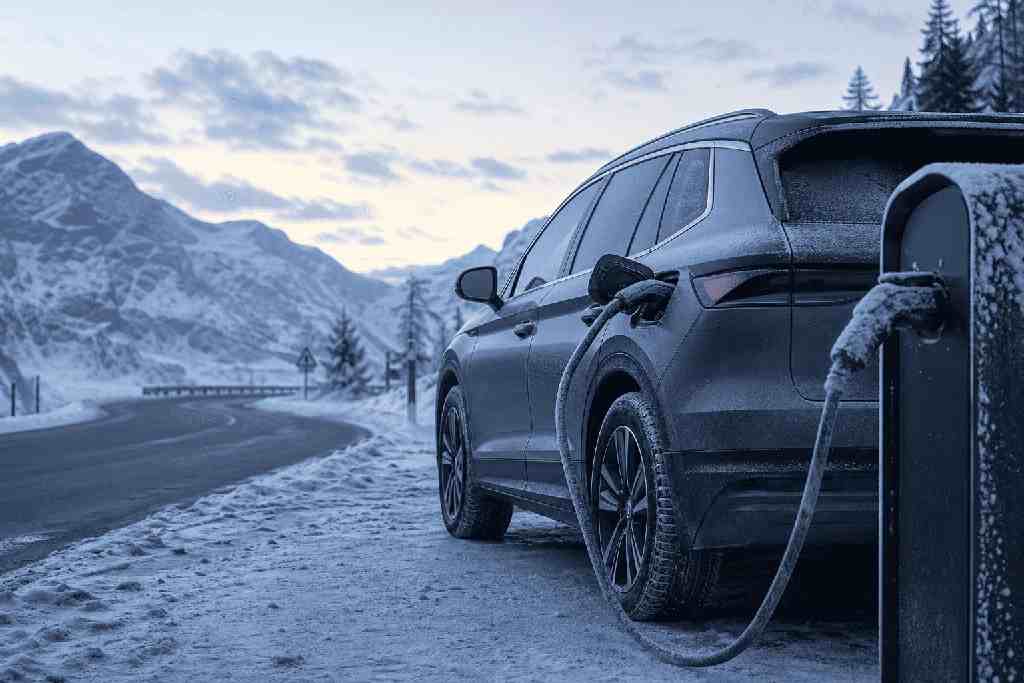 ev-winter-range-hero EV charging in cold winter conditions — battery range loss and low-temperature performance